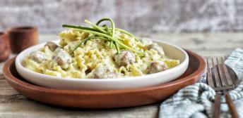 Pasta con salsa de calabacín y butifarra