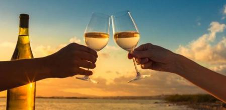 Una pareja brindando con vino frente a una playa&nbsp;