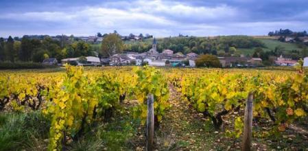Pueblo en la región de Beaujolais en el otoño