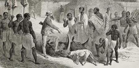 El explorador John Speke muestra trofeos de caza a Rumanika, rey de Karagwé. Ilustración de Bayard, Richon y Monvoisin para 'Le Tour du Monde', París, 1864