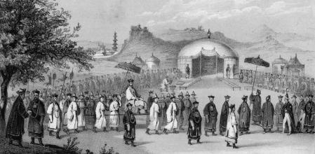 El emperador llega al encuentro con el embajador británico, en un grabado del siglo XIX