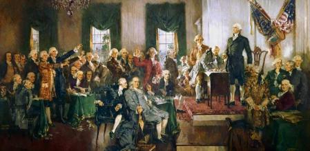 'Firma de la Constitución de Estados Unidos', por Howard Chandler Christy, 1940. Washington preside a la derecha