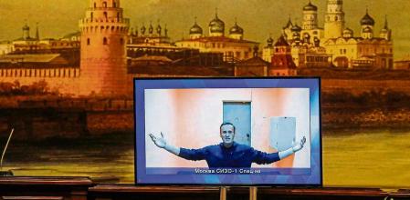 EA4624. KRASNOGORSK (RUSIA), 28/01/2021.- El opositor ruso Alexei Navalny comparece por videoconferencia durante una vista del recurso abierto contra su detención, este jueves en un tribunal de Moscú. EFE/ Yuri Kochetkov