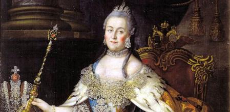 Catalina la Grande con la Corona Imperial de Rusia y el Cetro Imperial con el diamante Orlov.