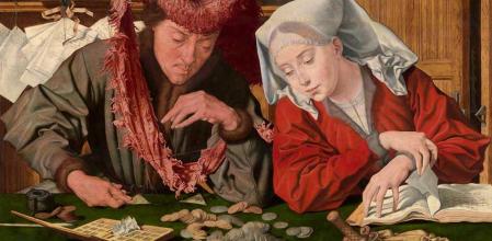 El recaudador de impuestos y su mujer (conocido como El cambista y su mujer), óleo sobre tabla de roble del flamenco Marinus van Reymerswale, 1539.