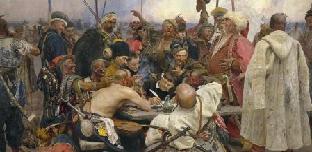 'La respuesta de los cosacos de Zaporozhia al sultán Mehmed IV de Turquía'. Pintado por Iliá Repin entre 1880 y 1891.