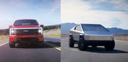 El Ford F-150 Lightining (izq.) y el Tesla Cybertruck son dos pick up eléctricas que aterrizarán en el mercado