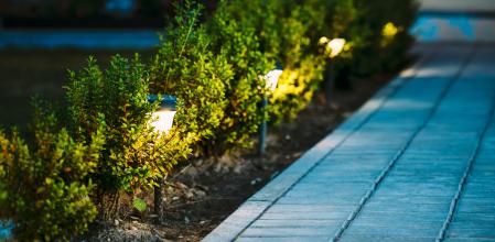 Luces solares que marcan el camino en un jardín. Un sistema útil para ahorrar luz.