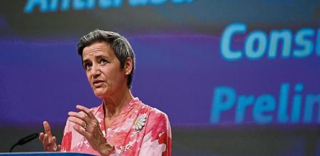 European Commissioner for Europe fit for the Digital Age Margrethe Vestager speaks during a media conference on a competition case at EU headquarters in Brussels, Wednesday, June 9, 2021. (John Thys, Pool via AP)