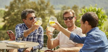 Happy friends toasting drinks at table. Mature men are spending leisure time. They are enjoying in yard.
