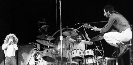 OCTOBER 1978: Singer Roger Daltrey, drummer Keith Moon and guitarist Pete Townshend of the rock and roll band 'The Who' performs onstage in October 1978. (Photo by Larry Hulst/Michael Ochs Archives/Getty Images)