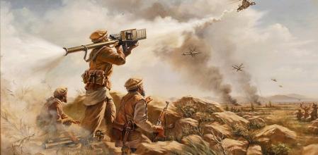 Dibujo que representa el lanzamiento de un misil Stinger contra un objetivo soviético por las fuerzas afganas.