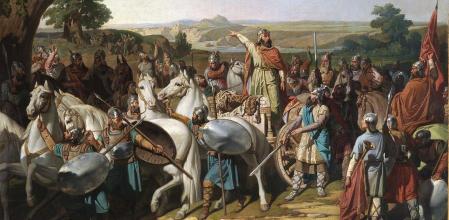Don Rodrigo arengando a sus tropas antes de que comenzara la batalla de Guadalete, que se libró en el año 711 