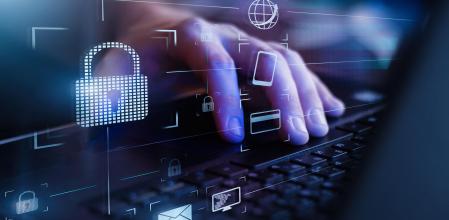 Data protection and secure online payments. Cyber internet security technologies and data encryption . Closeup view of man`s hand using laptop with virtual digital screen with icon of lock on it.