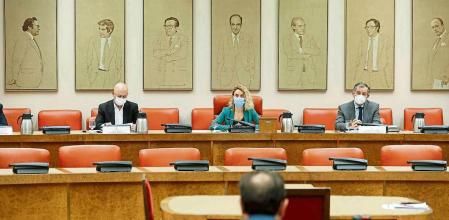 MADRID, 02/11/2021.- El candidato Enrique Arnaldo Alcubilla (c, delante) comparece en la Comisión Consultiva de Nombramientos del Congreso de los Diputados en presencia de la presidenta de la Cámara Baja, Meritxell Batet (c), el socialista Odon Elorza (i) y el secretario general del Congreso, Carlos Gutiérrez Vicén (d) durante la elección de cuatro magistrados del Tribunal Constitucional, este martes. EFE/ Chema Moya