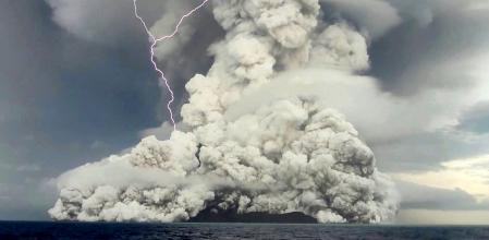An eruption occurs at the underwater volcano Hunga Tonga-Hunga Ha'apai off Tonga, January 14, 2022 in this screen grab obtained from a social media video. Video recorded January 14, 2022. Tonga Geological Services/via REUTERS THIS IMAGE HAS BEEN SUPPLIED BY A THIRD PARTY. MANDATORY CREDIT. NO RESALES. NO ARCHIVES.