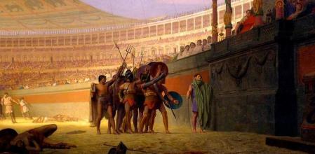 'Ave Caesar Morituri te Salutant', por Jean-Léon Gérôme (1859), donde se muestra a un grupo de gladiadores que saluda al emperador Vitelio.