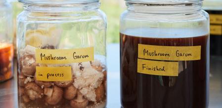 Garum de hongos en proceso (izquierda) y ya acabado (derecha) creados por René Redzepi en Noma.