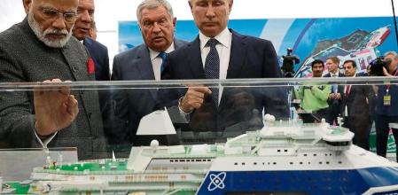 PRIMORYE TERRITORY, RUSSIA - SEPTEMBER 4, 2019: Russia's President Vladimir Putin, Rosneft CEO and Management Board Chairman Igor Sechin, and India's Prime Minister Narendra Modi (R-L front) view a scale model of the nuclear-powered icebreaker Lider on their visit the Zvezda Shipyard in the town of Bolshoy Kamen on the sidelines of the 2019 Eastern Economic Forum. Mikhail Klimentyev/Russian Presidential Press and Information Office/TASS (Photo by Mikhail Klimentyev\TASS via Getty Images)