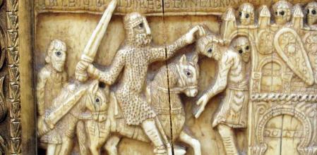 El rey visigodo Leovigildo contra los cántabros, arqueta de San Millán de la Cogolla, s. XI