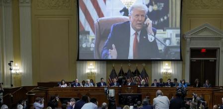 Washington (United States), 16/06/2022.- An image of former US President Donald Trump is displayed during the third hearing of the House Select Committee to Investigate the January 6th Attack on the US Capitol in the Cannon House Office Building in Washington, DC, USA, 16 June 2022. The bipartisan committee, which has been gathering evidence for almost a year related to the January 6 attack at the US Capitol, will present its findings in a series of televised hearings. On 06 January 2021, supporters of former President Donald Trump attacked the US Capitol Building during an attempt to disrupt a congressional vote to confirm the electoral college win for President Joe Biden. (Atentado, Estados Unidos) EFE/EPA/Drew Angerer / POOL