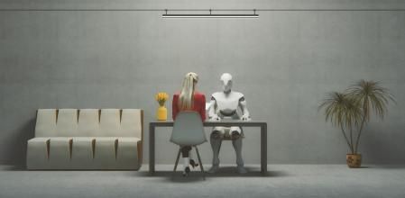 Job interview with futuristic cyborg. This is entirely 3D generated image.