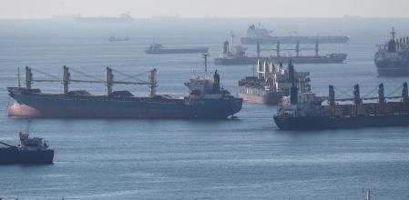 Buques de carga que transportan grano de Ucrania están anclados mientras esperan en fila en el mar de Mármara, Estambul