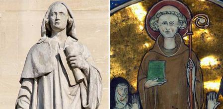 Estatua del abad Suger en París (izqda.) y Bernardo de Claraval en una miniatura del siglo XIII