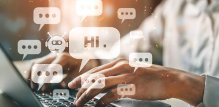 AI Chatbot smart digital customer service application concept. Computer or mobile device application using artificial intelligence chat bot automatic reply online message to help customers instantly.