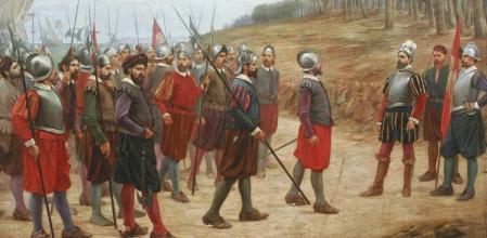 'Los 13 de la Isla del Gallo'. Óleo de Juan B. Lepiani, que representa a Francisco Pizarro en la isla del Gallo.
