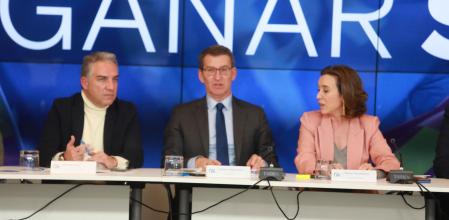 Alberto Núñez Feijóo, junto a la secretaria general del PP, Cuca Gamarra, y el coordinador general, Elías Bendodo, en el comité ejecutivo del PP
30/01/2023