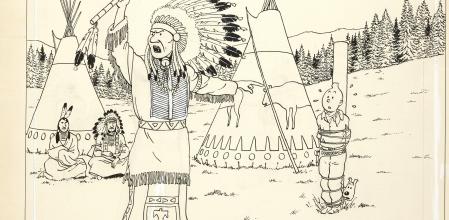 Dibujo original de la tercera edición de Tintín en América incluido en Las aventuras de Tintín