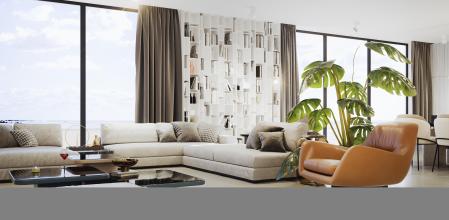 Modern luxury holiday home with a beach view. This is entirely 3D generated image.