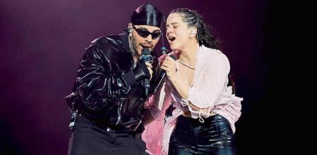 INDIO, CALIFORNIA - APRIL 15: (L-R) Rauw Alejandro performs with Rosalía at the Coachella Stage during the 2023 Coachella Valley Music and Arts Festival on April 15, 2023 in Indio, California. (Photo by Frazer Harrison/Getty Images for Coachella)
