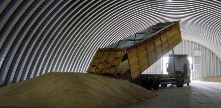 FILE - A dump track unloads grain in a granary in the village of Zghurivka, Ukraine, Aug. 9, 2022. Poland's government said Saturday that it has decided to temporarily prohibit grain and other food imports from Ukraine as it seeks to soothe the rising anger of Polish farmers, who say they are losing huge amounts of money to a glut of Ukrainian grain on the market. (AP Photo/Efrem Lukatsky, File)