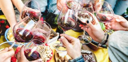 People hands toasting red wine and having fun out side cheering at winetasting experience - Young friends enjoying harvest time together at farm house picnic - Food and beverage life style concept