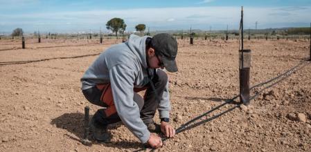 Rec a les terres de Lleida Canal d’Urgell ultim tram Artesa de Lleida sota mínims d’aigua Un operari instal·la sistema de rec per goteig per afrontar la la sequera i economitzar l’aigua