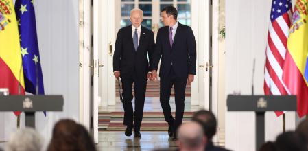 MADRID, SPAIN - JUNE 28: The President of the United States, Joe Biden (l) and the President of the Government, Pedro Sanchez (r), upon his arrival at a press conference after their meeting at La Moncloa Palace, on 28 June, 2022 in Madrid, Spain. Joe Biden has arrived early in the afternoon at the Torrejon de Ardoz air base in his Air Force One plane, to later take his presidential limousine and make all the movements during his visit to Madrid on the occasion of the NATO summit to be held on June 29 and 30. The summit coincides with the 40th anniversary of Spain's accession to the North Atlantic Treaty Organization. Biden's objective at the NATO summit is to reaffirm ''the strong bilateral relationship'' between the two countries. (Photo By EUROPA PRESS/E. Parra. POOL via Getty Images)