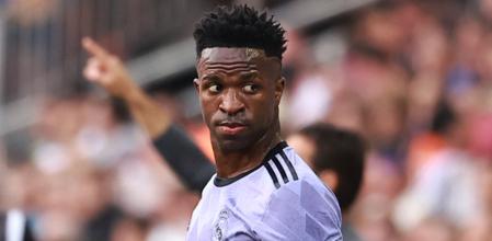 Real Madrid's Brazilian forward Vinicius Junior looks on during the Spanish league football match between Valencia CF and Real Madrid CF at the Mestalla stadium in Valencia on May 21, 2023. (Photo by JOSE JORDAN / AFP)
