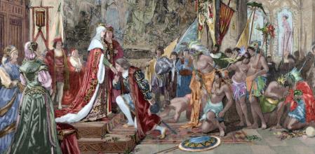 Christopher Columbus (1451-1506). Genoese navigator. Presentation of Columbus to Ferdinand and Isabella, the Catholic Monarchs, in Barcelona. Engraving by Rico after a painting by of Ricardo Anckermann. The Artistic Illustration. Colored. (Photo by: PHAS/Universal Images Group via Getty Images)