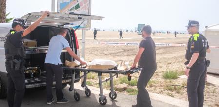 La policía y el médico forense introducen los restos del menor en una furgoneta, en Roda de Berà