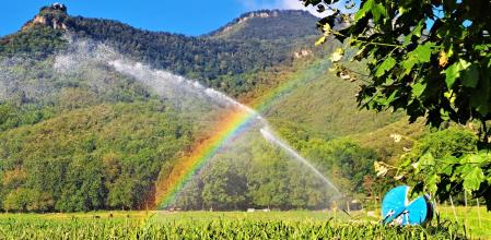 Arco iris en pleno riego de un campo en la Vall d'en Bas, con la ermita de Sant Miquel de Castelló.