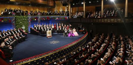 FILE - The Nobel laureates and the royal family of Sweden during the Nobel Prize award ceremony at the Concert Hall in Stockholm, Saturday Dec. 10 2022. Several Swedish lawmakers said Friday, Sept, 1, 2023, they will boycott this year's Nobel Prize ceremonies after the private foundation that administers the prestigious awards changed its policy and invited Russia, Belarus and Iran who had previously been barred from attending. (Pontus Lundahl/TT via AP, File)