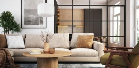 Los tabiques acristalados son una buena forma de integrar tu cocina en el salón, sin ocultarla.