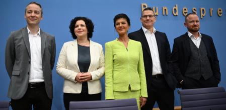German politician and member of the Bundestag for The Left party Sahra Wagenknecht pose before a press conference to present the 