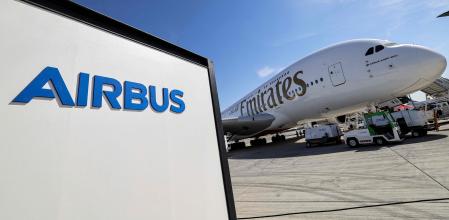 An Emirates Airbus A380-800 jetliner aircraft is pictured on the tarmac during the 2023 Dubai Airshow at Dubai World Central - Al-Maktoum International Airport in Dubai on November 13, 2023. (Photo by Giuseppe CACACE / AFP)