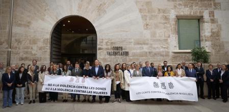 Las dos pancartas que se han mostrado en Les Corts Valencianes.