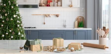 Homemade Christmas Cookies And Gift Boxes On Kitchen Counter. Modern Kitchen With Christmas Decorations. Baking And Selling Cookies