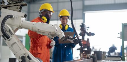 Group of diversity engineer having a meeting over industrial robots welder in a factory. Engineer controlling robotic welder in automotive production line of factory.