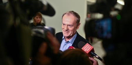 WARSAW, POLAND - JANUARY 25: Poland's Prime Minister Donald Tusk speaks to the press about the abortion bill after a parliament session on January 25, 2024 in Warsaw, Poland. Since the Pro-EU coalition government led by Donald Tusk took power, reforms in the public media and justice system has created a political crisis with the former government. Poland's president, Andrzej Duda for a second time, pardoned the Conservative right-wing former Minister of Interior and Administration of Poland, Mariusz Kaminski, and his deputy Maciej Wasik, who were arrested on January 09, amid a standoff between the new centrist government and the previous conservative administration. Kaminski and Wasik were convicted of abuse of power in 2007 when they served in Law and Justice-led government. (Photo by Omar Marques/Getty Images)